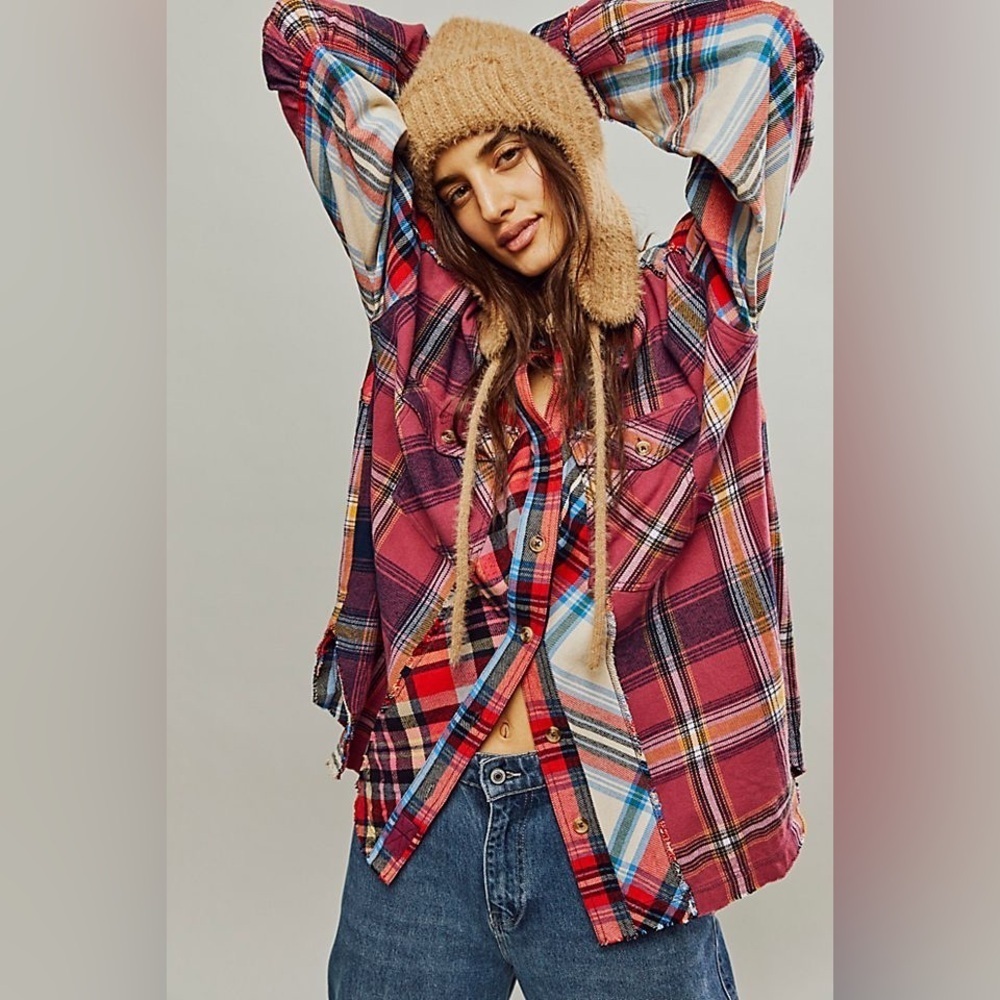 Free People We the Free Patched Up Plaid Cotton Shirt Oversized Grunge Pink XS